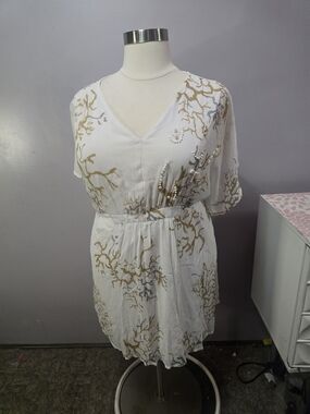 White V-Neck Sheer Tunic with Gold Coral Print